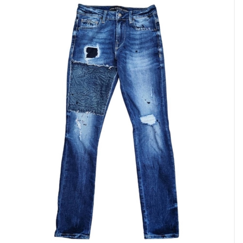 Guess Men's Slim Straight Distressed Blue Patchwork Jeans
